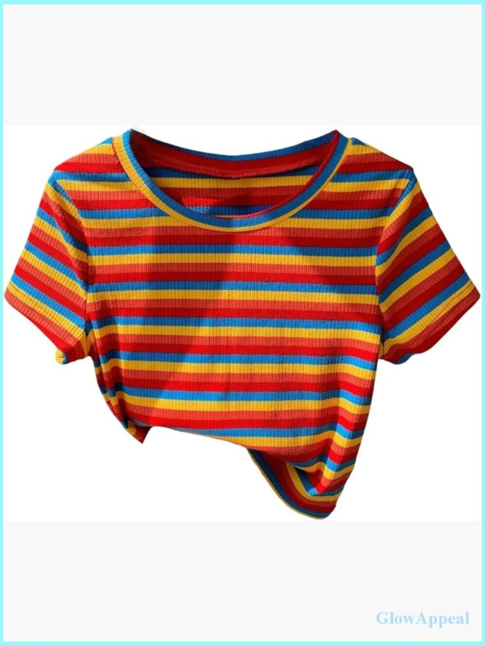 Y2k Rainbow Striped Cropped Tee Ribbed Knit Short Sleeve Crewneck